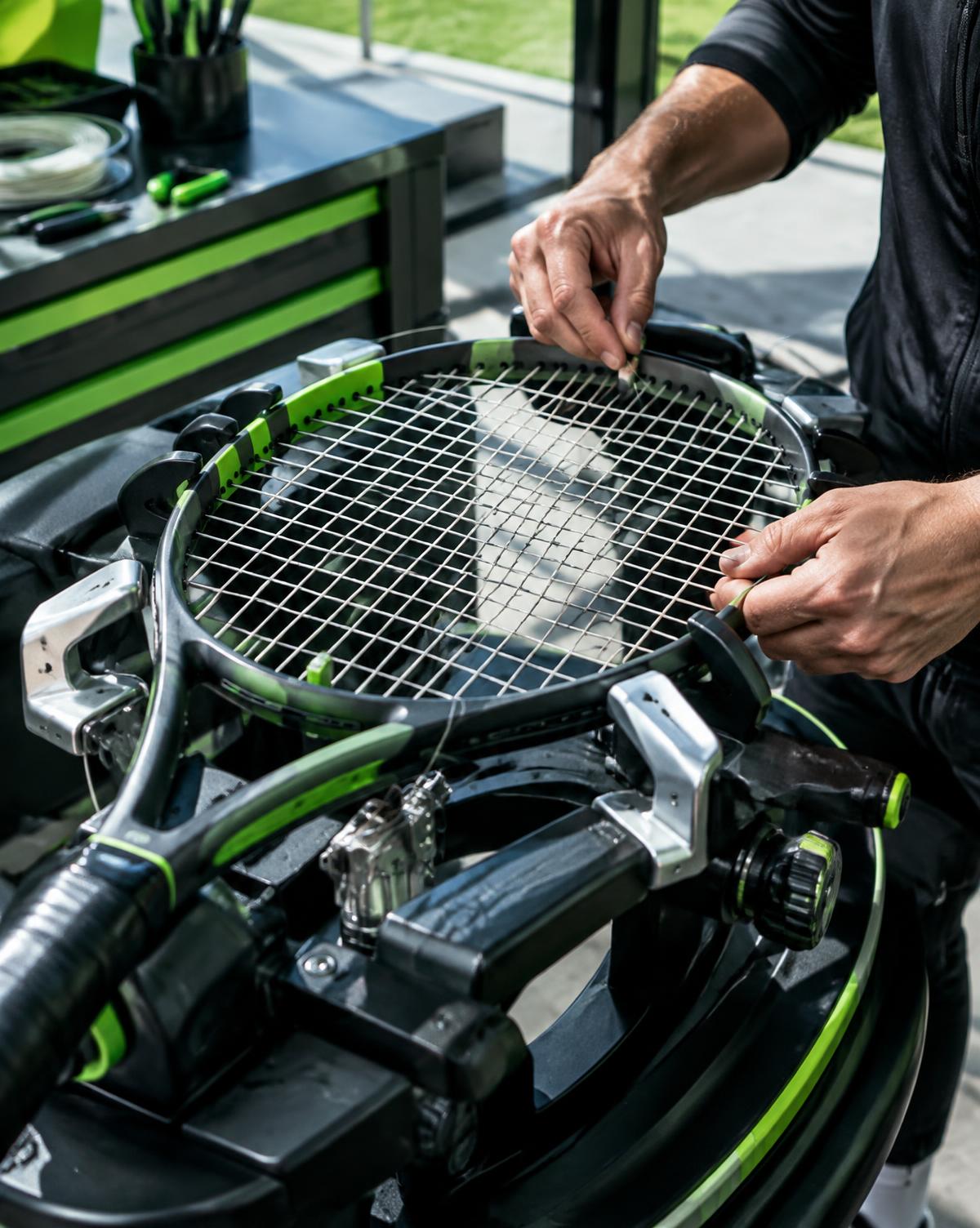 Racket being restrung on a professional stringing machine
